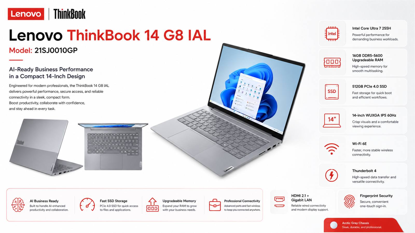 Lenovo ThinkBook 14 G8 IAL 21SJ0010GP AI Business Laptop, Intel Core Ultra 7 255H, 16GB DDR5-5600, 512GB PCIe 4.0 SSD, 14-inch WUXGA IPS 60Hz, Thunderbolt 4, Wi-Fi 6E, Backlit English Keyboard, DOS, Arctic Grey | 21SJ0010GP